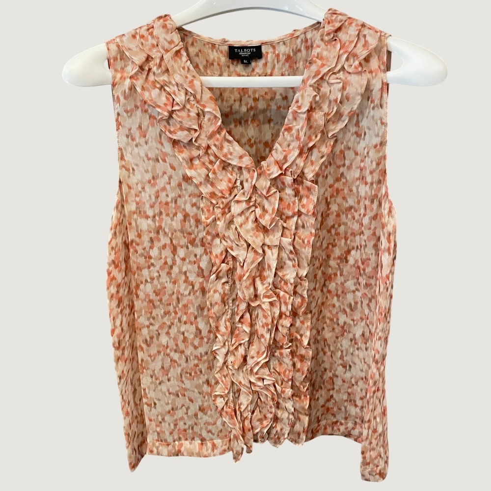 Talbots Petites 100% Silk Ruffle V-Neck Sleeveless Blouse Coral Abstract 8P